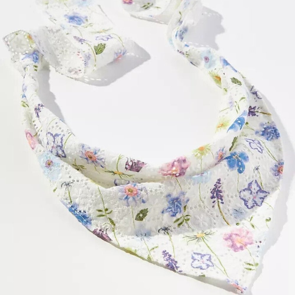 Anthropologie Hair Scarf FLORAL GARDEN Head Wrap Eyelet Tie Embroidered NWT